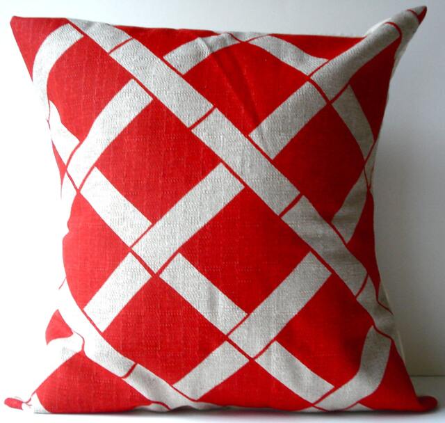 New 18x18 Inch Designer Handmade Pillow Case in Bright Red & Taupe Lattice