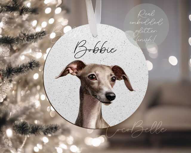 Personalised Italian Greyhound Bauble, Digital Illustration Iggy Dog Real Glitter Name Christmas Whippet Pet Gift Ideas Lover Owner - image 1