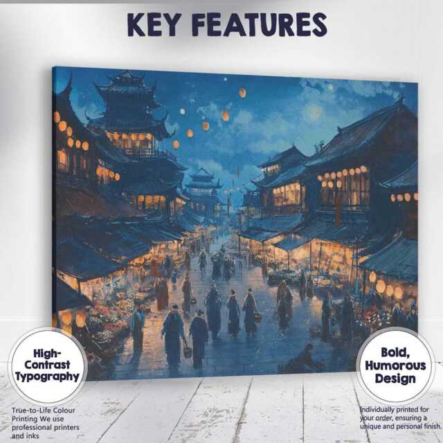 Traditional Chinese Lantern Market Street Night Scene Canvas Wall Art Print Decor Picture Ready To Hang - image 1