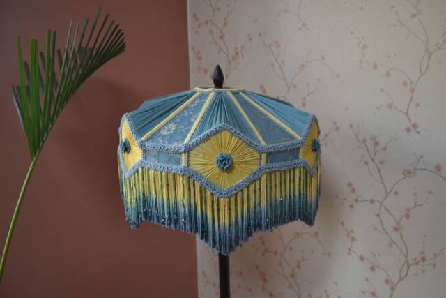 Hand-stitched Victorian Lampshade Petrol Blue Silk With Beaded Fringe - image 1