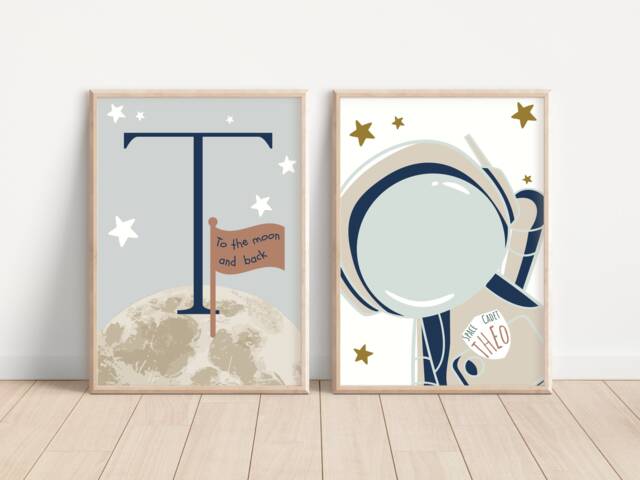 Set Of 2 Space Prints With A Personalised Astronaut & Initial Print. Perfect For Nursery, Bedroom Or Playroom - Prints Only - image 1