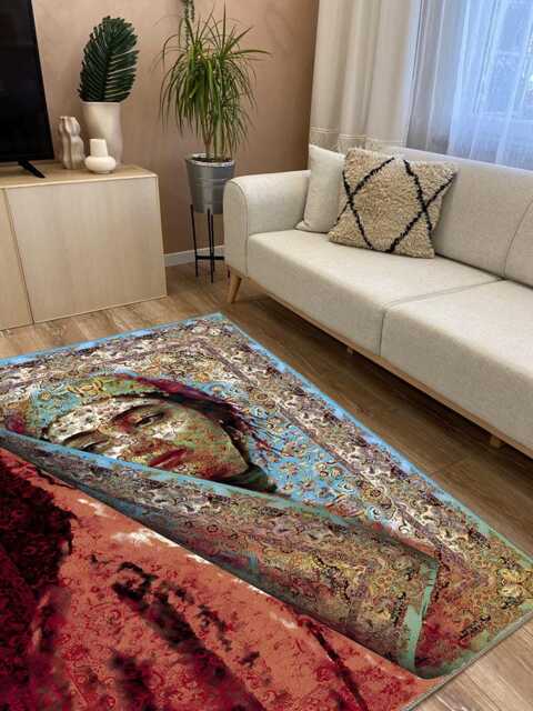 Artistic Oriental Chenille Rug Abstract Portrait, Washable Carpet - image 1