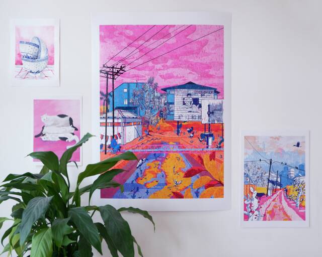 A2 Print - Colourful Malaysian Landscape Collage Hand Drawn/Digital Art Quarantine Walks #2 Graphic Decor Gallery Wall Sunset - image 1