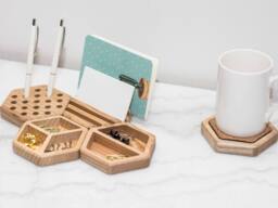Desktop Storage Organizer Wooden Office Desk Organization Wood Table Workplace Supplies Organize Hexagon - thumbnail 1