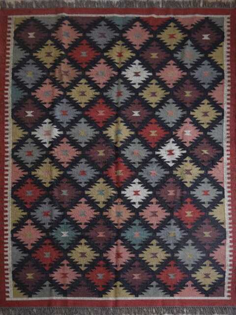 Handwoven Wool Jute Kilim Rug - Multicolour Geometric For Living Room, Bedroom - image 1