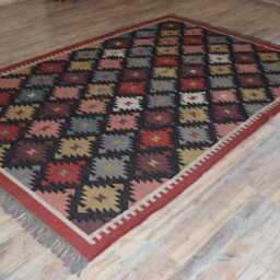 Handwoven Wool Jute Kilim Rug - Multicolour Geometric For Living Room, Bedroom - thumbnail 3