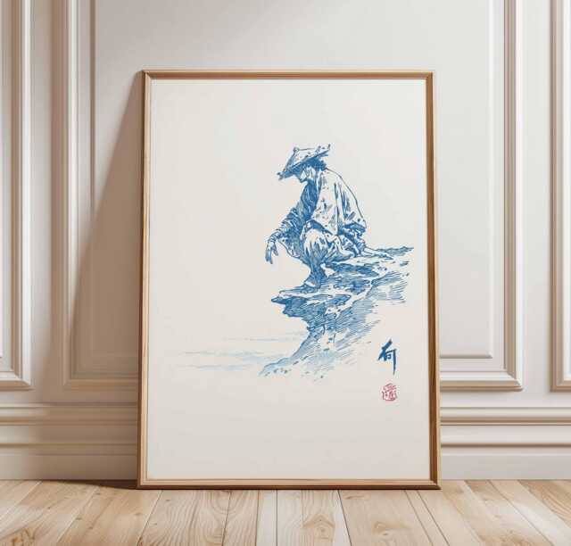 Samurai Wall Art, Japanese Ink Drawing Poster, Zen Minimalist Warrior Print, Blue Line Traditional Asian Decor, Martial Arts Style - image 1