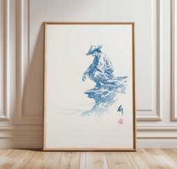 Samurai Wall Art, Japanese Ink Drawing Poster, Zen Minimalist Warrior Print, Blue Line Traditional Asian Decor, Martial Arts Style - thumbnail 1