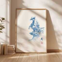 Samurai Wall Art, Japanese Ink Drawing Poster, Zen Minimalist Warrior Print, Blue Line Traditional Asian Decor, Martial Arts Style - thumbnail 3