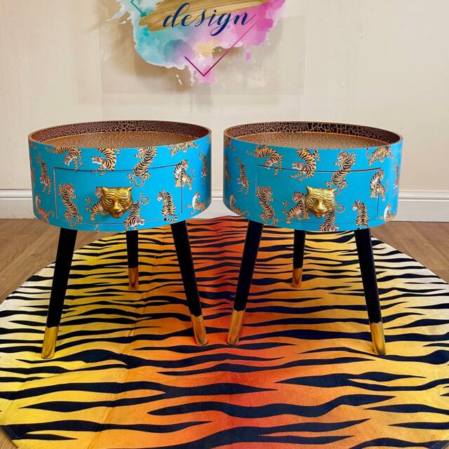 Pair Of Bedside Tables, Blue Nightstand With Tiger Design, Round Side Table Storage Drawer, Eclectic Design - image 1