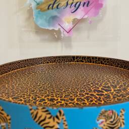 Pair Of Bedside Tables, Blue Nightstand With Tiger Design, Round Side Table Storage Drawer, Eclectic Design - thumbnail 3