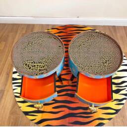 Pair Of Bedside Tables, Blue Nightstand With Tiger Design, Round Side Table Storage Drawer, Eclectic Design - thumbnail 4