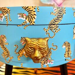 Pair Of Bedside Tables, Blue Nightstand With Tiger Design, Round Side Table Storage Drawer, Eclectic Design - thumbnail 2