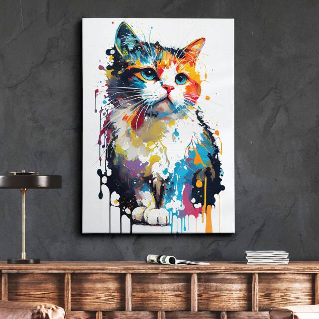 Cat Abstract Fun Colorful Animal Colourful Paint Pet Oil Painting Splatter Wall Art, Framed Canvas Poster Print Home/Office Room Decor Gifts - image 1