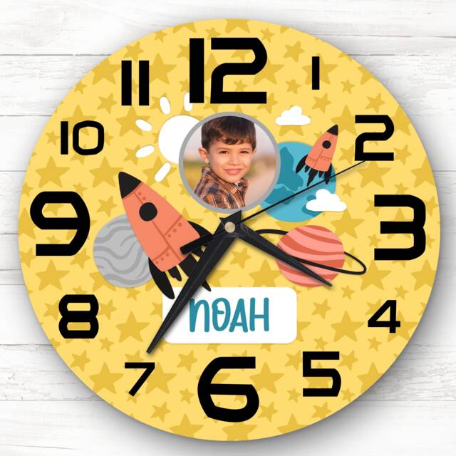 Boys Room Rocket Space Photo Yellow Custom Gift Personalised Clock - image 1