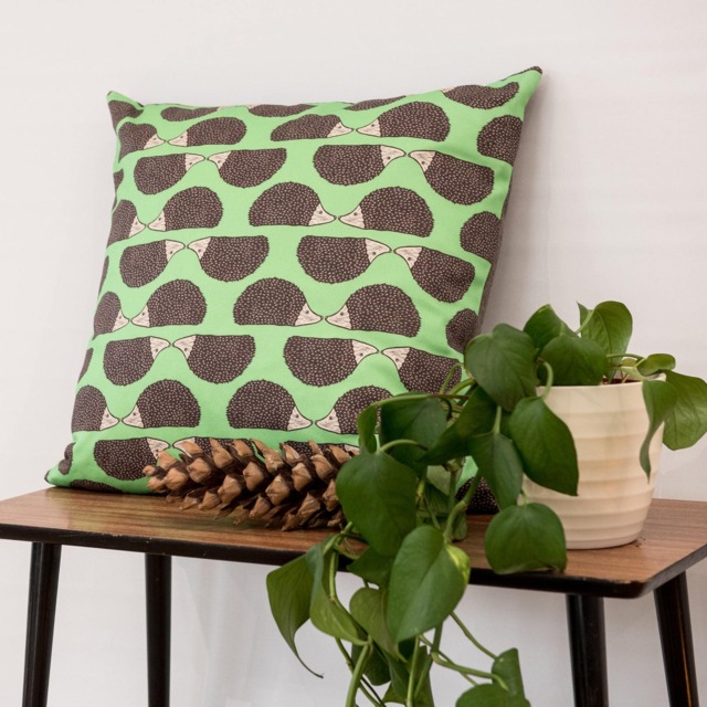 Hedgehog Print Cushion - Green Lino Feather Pillow - image 1