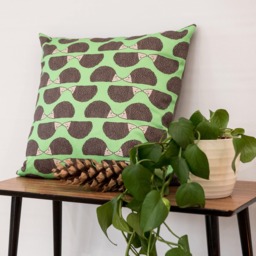 Hedgehog Print Cushion - Green Lino Feather Pillow - thumbnail 1