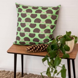 Hedgehog Print Cushion - Green Lino Feather Pillow - thumbnail 2