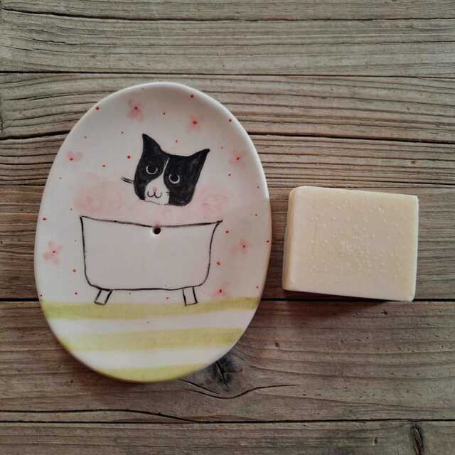 Handmade Pottery Soap Dish With Tuxedo Cat Illustration - image 1