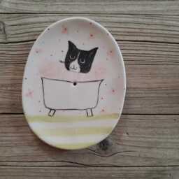 Handmade Pottery Soap Dish With Tuxedo Cat Illustration - thumbnail 2