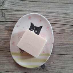 Handmade Pottery Soap Dish With Tuxedo Cat Illustration - thumbnail 3