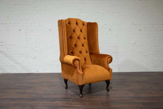 British Handmade Burny Orange Velvet Chesterfield High Back Wing Chair - image 1