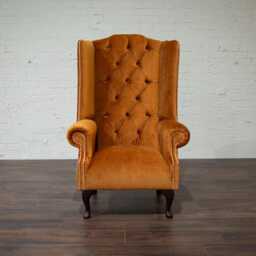 British Handmade Burny Orange Velvet Chesterfield High Back Wing Chair - thumbnail 2