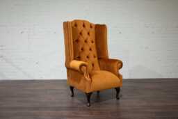 British Handmade Burny Orange Velvet Chesterfield High Back Wing Chair - thumbnail 1