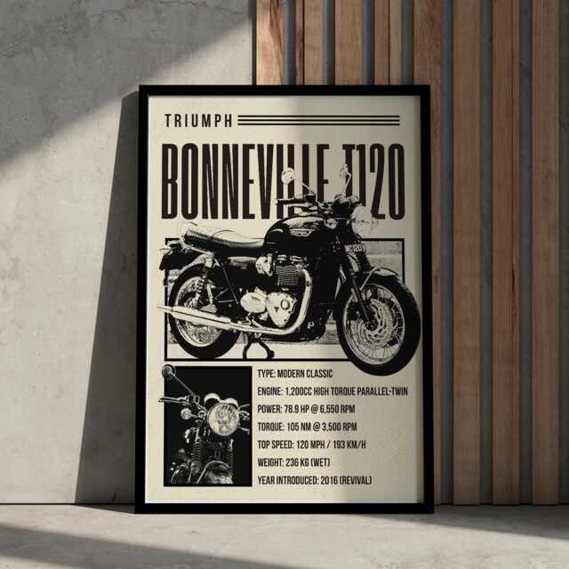 Motorcycle Specs Poster - Bonneville T120 Classic Motorcycle Print - Retro Bike Wall Art --Motorbike Decor For Home, Office Or Garage - image 1