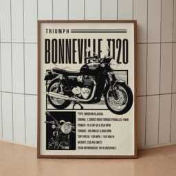 Motorcycle Specs Poster - Bonneville T120 Classic Motorcycle Print - Retro Bike Wall Art --Motorbike Decor For Home, Office Or Garage - thumbnail 2