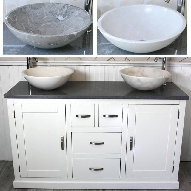 White Painted Bathroom Vanity Unit Cabinet Twin Marble Bowl Basin Tap Plug 603Pgqsbc - image 1