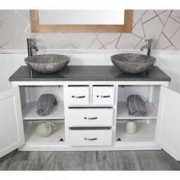 White Painted Bathroom Vanity Unit Cabinet Twin Marble Bowl Basin Tap Plug 603Pgqsbc - thumbnail 3
