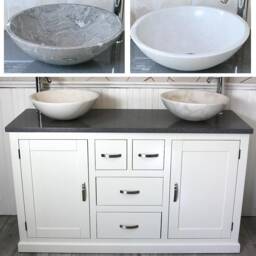 White Painted Bathroom Vanity Unit Cabinet Twin Marble Bowl Basin Tap Plug 603Pgqsbc