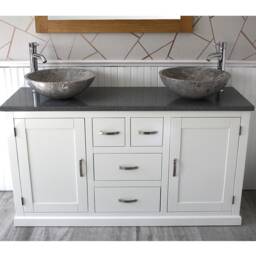White Painted Bathroom Vanity Unit Cabinet Twin Marble Bowl Basin Tap Plug 603Pgqsbc - thumbnail 2