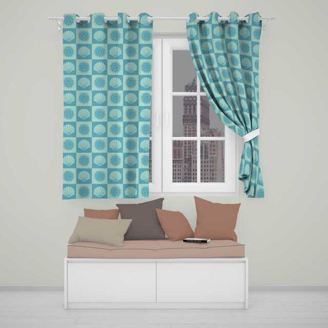 Teal Sun & Seashell Checkerboard Coastal Style Seamless Pattern Readymade Eyelet Ring Top Thermal 100% Blackout Curtains - image 1
