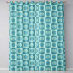 Teal Sun & Seashell Checkerboard Coastal Style Seamless Pattern Readymade Eyelet Ring Top Thermal 100% Blackout Curtains - thumbnail 2