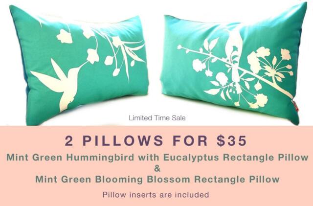 Mint Green Bird Pillows Hummingbird & Blossom Print - Set Of 2 - image 1