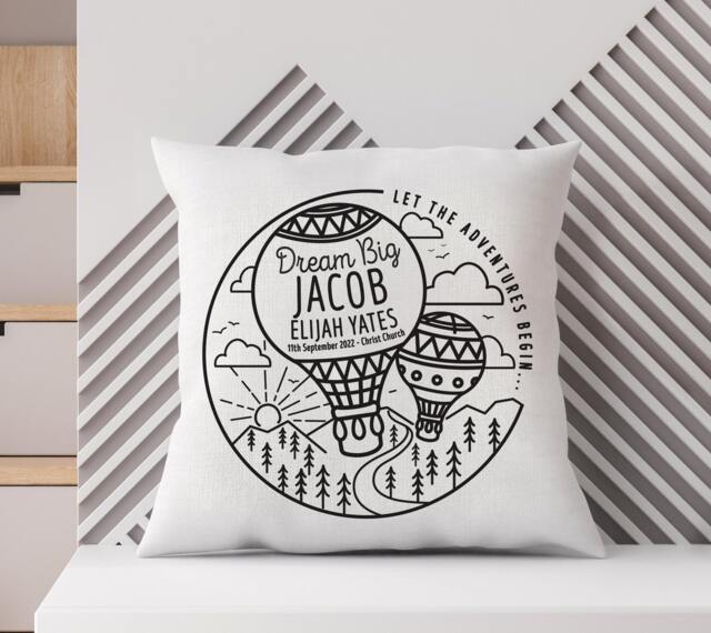 Personalised Hot Air Balloon Mountain Adventure Nursery Cushion - Newborn Birth Details, New Baby, First Birthday, Christening Kids Gift - image 1