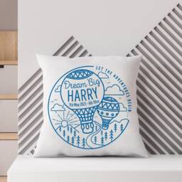 Personalised Hot Air Balloon Mountain Adventure Nursery Cushion - Newborn Birth Details, New Baby, First Birthday, Christening Kids Gift - thumbnail 2
