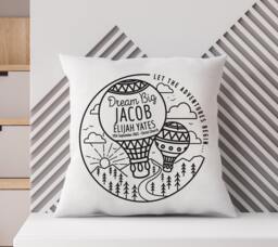 Personalised Hot Air Balloon Mountain Adventure Nursery Cushion - Newborn Birth Details, New Baby, First Birthday, Christening Kids Gift