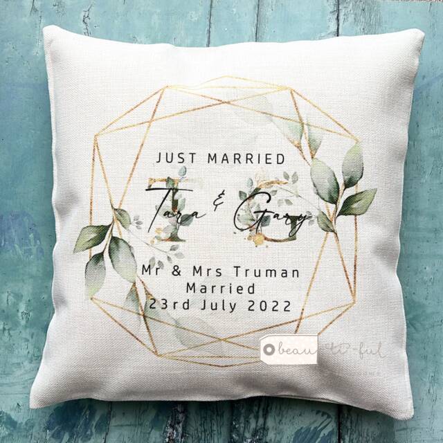 Personalised Names Married Mr Mrs Home Quote Greenery Design Linen Style Cushion Cover Newlywed