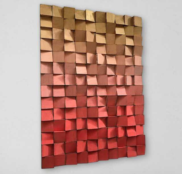 Wood Wall Art - Handmade Sound Diffuser Red Gold Decor - image 1