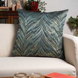 Luxury Metallic Feather Fan Extra-Large Cushion in Teal Blue. Turquoise Blue With Shiny Gold/Bronze Detailing. 23X23