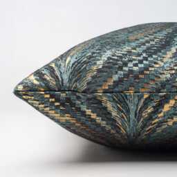 Luxury Metallic Feather Fan Extra-Large Cushion in Teal Blue. Turquoise Blue With Shiny Gold/Bronze Detailing. 23X23 - thumbnail 2
