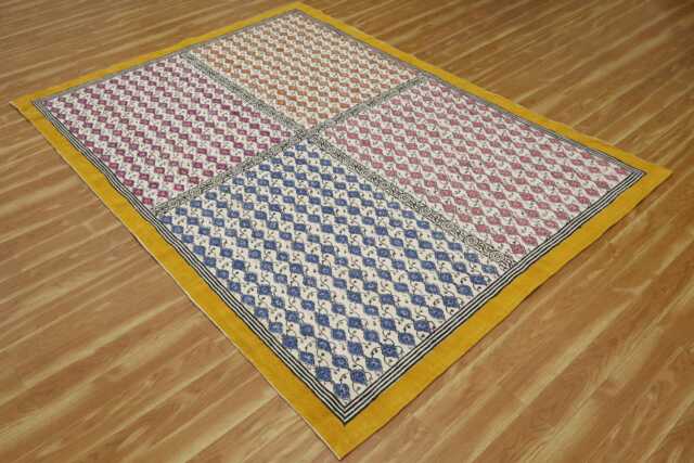 Hand Block Printed Cotton Area Rug Yellow Border, Bohemian Decor - image 1
