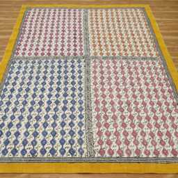 Hand Block Printed Cotton Area Rug Yellow Border, Bohemian Decor - thumbnail 2