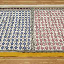 Hand Block Printed Cotton Area Rug Yellow Border, Bohemian Decor - thumbnail 3
