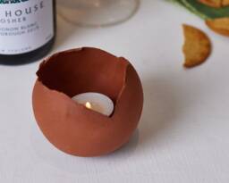 Terracotta Brown Ceramic Votive Candle Holder, Eclectic Bedside Decor, Gift For Valentines Day - thumbnail 1
