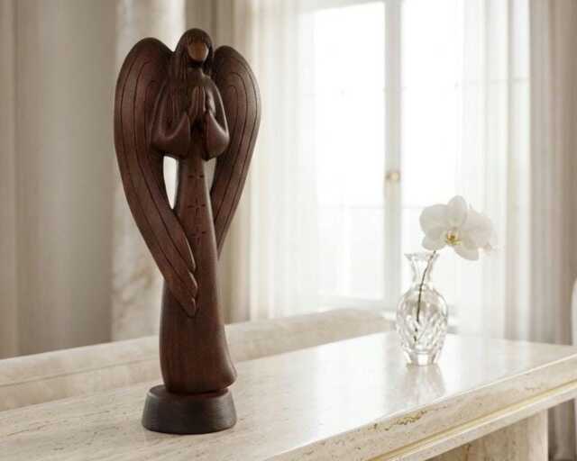 Wood Sculpture Guardian Angel Hand Carved Statue Valentine's Gift Boho Home Decor - image 1