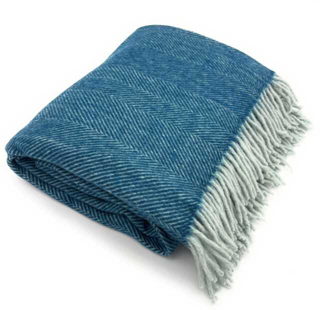 Turquoise Herringbone Wool Throw - Large Recycled Blanket - 185x152 cm - image 1